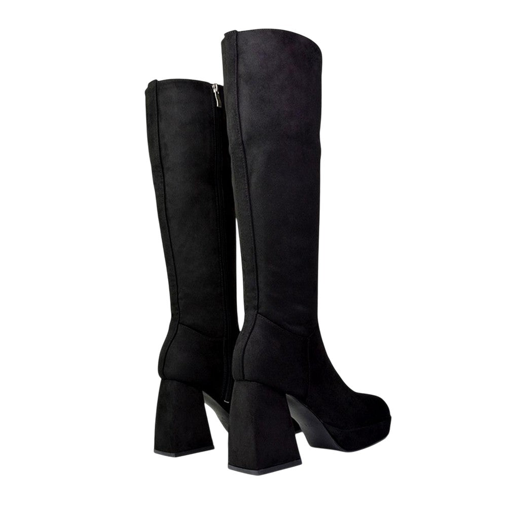 Jet Black - Back - XY London Womens-Ladies Wren Flare Block Knee-High Boots