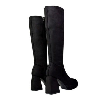 Jet Black - Back - XY London Womens-Ladies Wren Flare Block Knee-High Boots