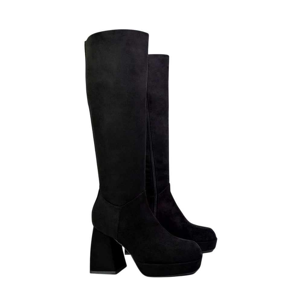 Jet Black - Front - XY London Womens-Ladies Wren Flare Block Knee-High Boots