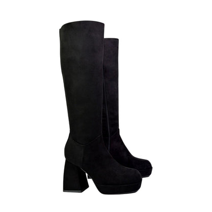 Jet Black - Front - XY London Womens-Ladies Wren Flare Block Knee-High Boots