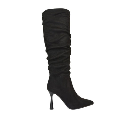 Jet Black - Side - XY London Womens-Ladies Andi Ruched Pointed High Stiletto Heel Knee-High Boots