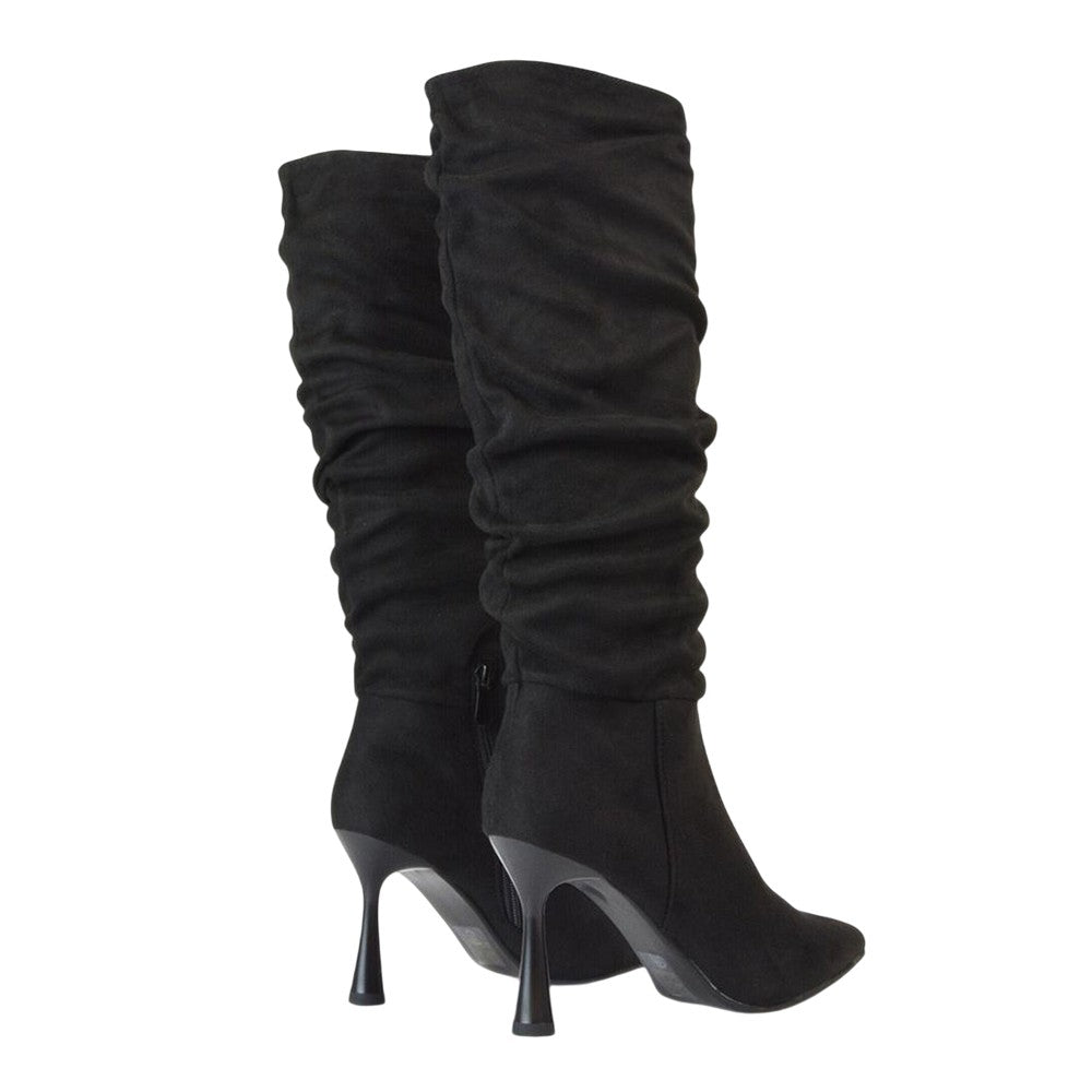 Jet Black - Back - XY London Womens-Ladies Andi Ruched Pointed High Stiletto Heel Knee-High Boots