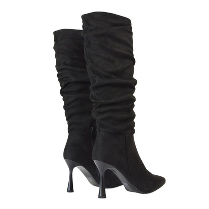 Jet Black - Back - XY London Womens-Ladies Andi Ruched Pointed High Stiletto Heel Knee-High Boots