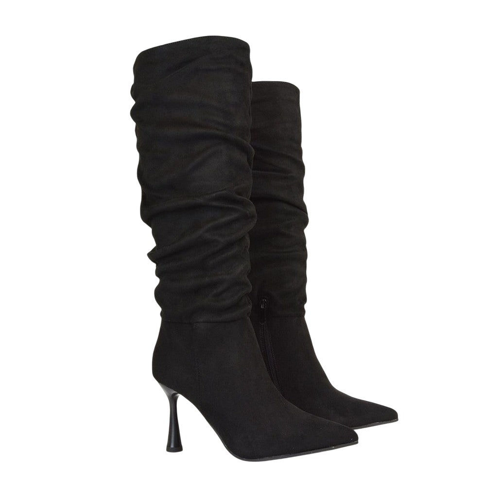 Jet Black - Pack Shot - XY London Womens-Ladies Andi Ruched Pointed High Stiletto Heel Knee-High Boots