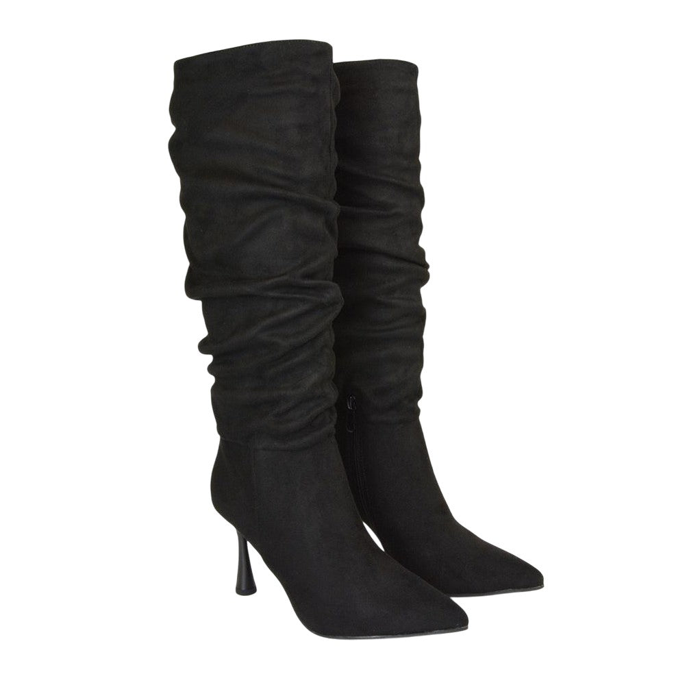 Jet Black - Front - XY London Womens-Ladies Andi Ruched Pointed High Stiletto Heel Knee-High Boots