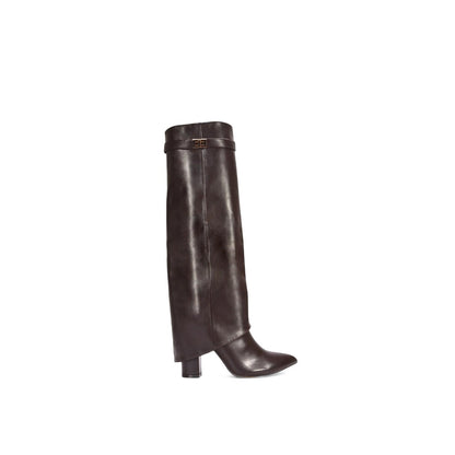 Dark Brown - Front - XY London Womens-Ladies Rayna Fold Over Pointed Block Heel Knee-High Boots