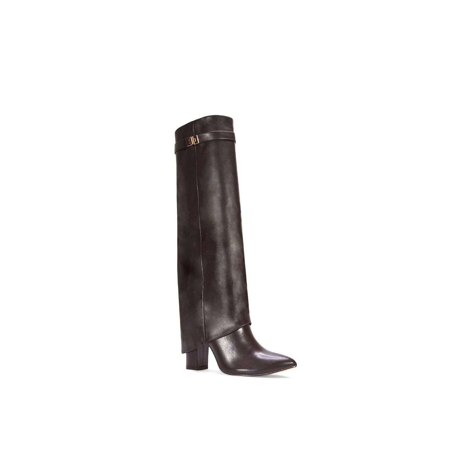 Dark Brown - Back - XY London Womens-Ladies Rayna Fold Over Pointed Block Heel Knee-High Boots