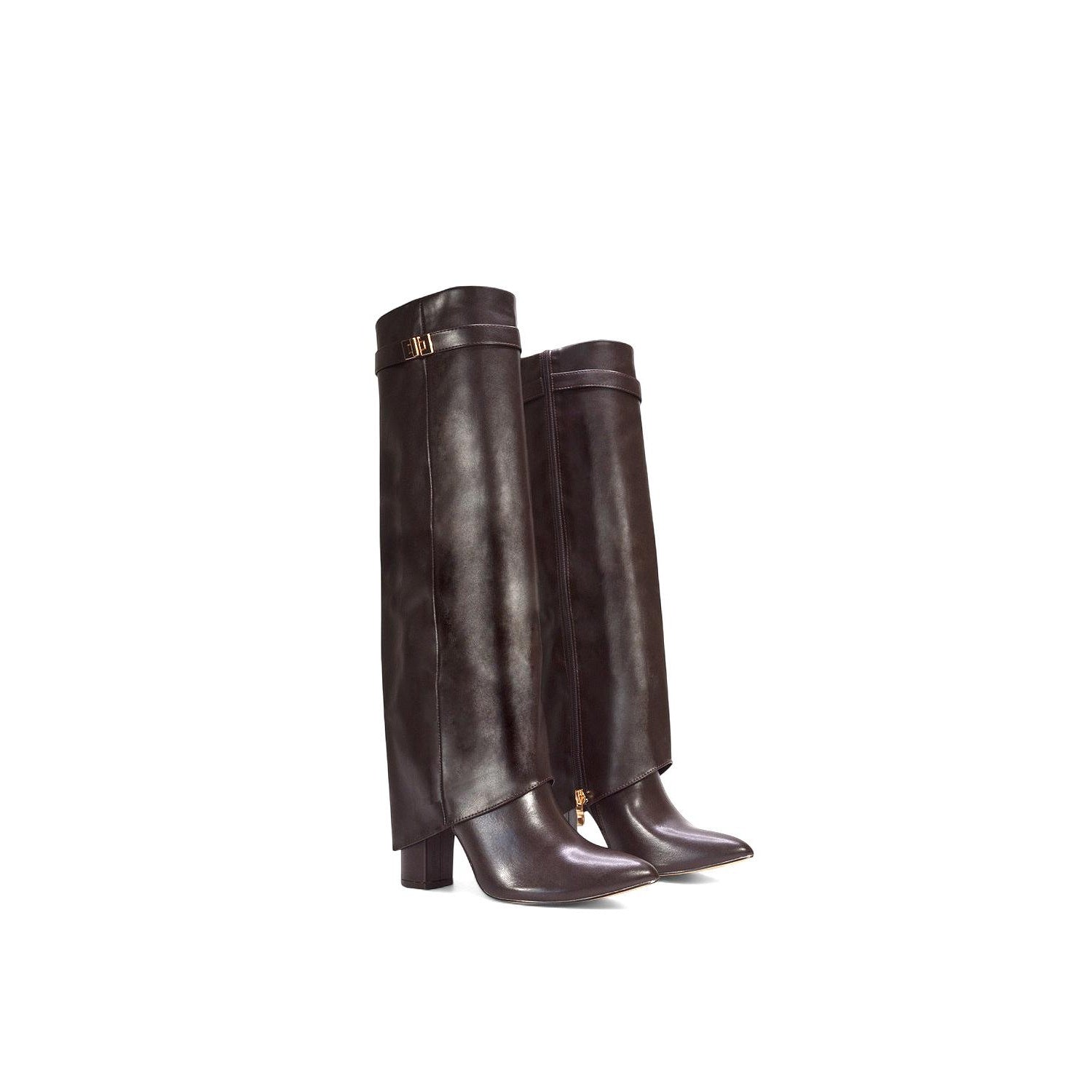 Dark Brown - Side - XY London Womens-Ladies Rayna Fold Over Pointed Block Heel Knee-High Boots