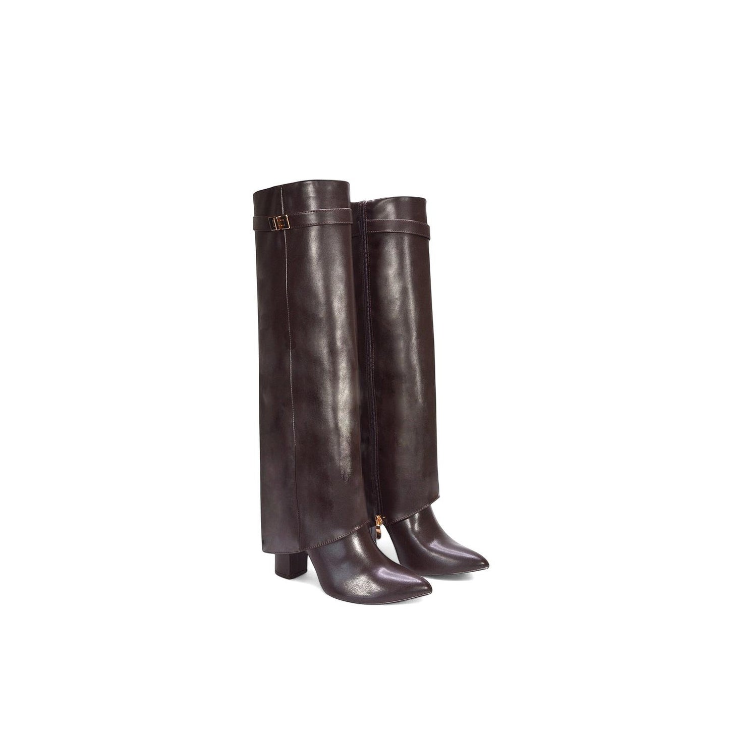 Dark Brown - Pack Shot - XY London Womens-Ladies Rayna Fold Over Pointed Block Heel Knee-High Boots