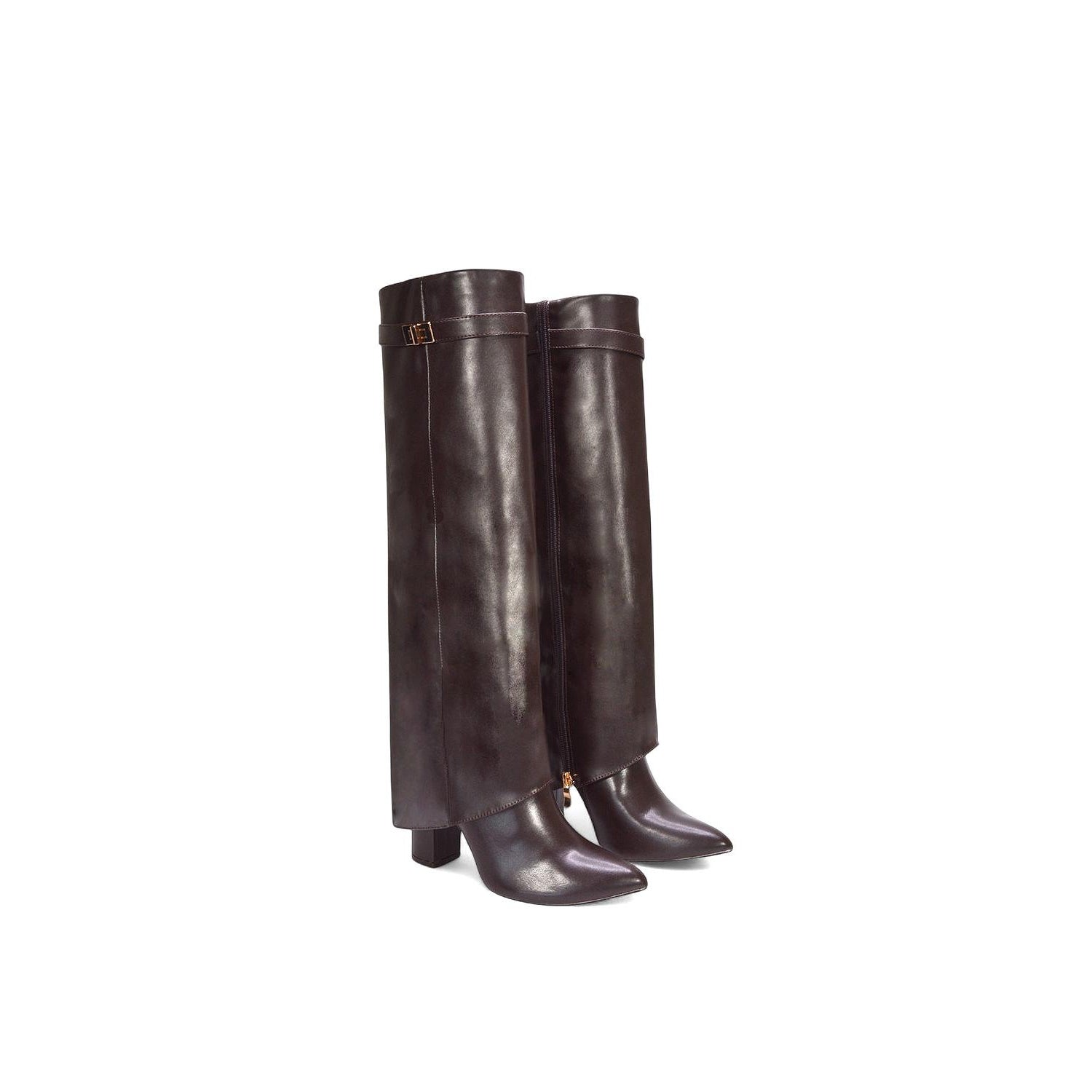 Dark Brown - Pack Shot - XY London Womens-Ladies Rayna Fold Over Pointed Block Heel Knee-High Boots