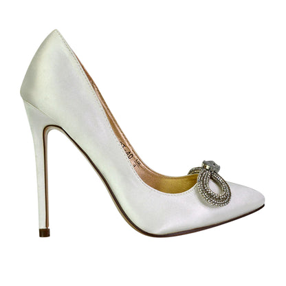 Ivory - Side - XY London Womens-Ladies Lane Diamante Satin Pointed Bow Stiletto Heel Court Shoes