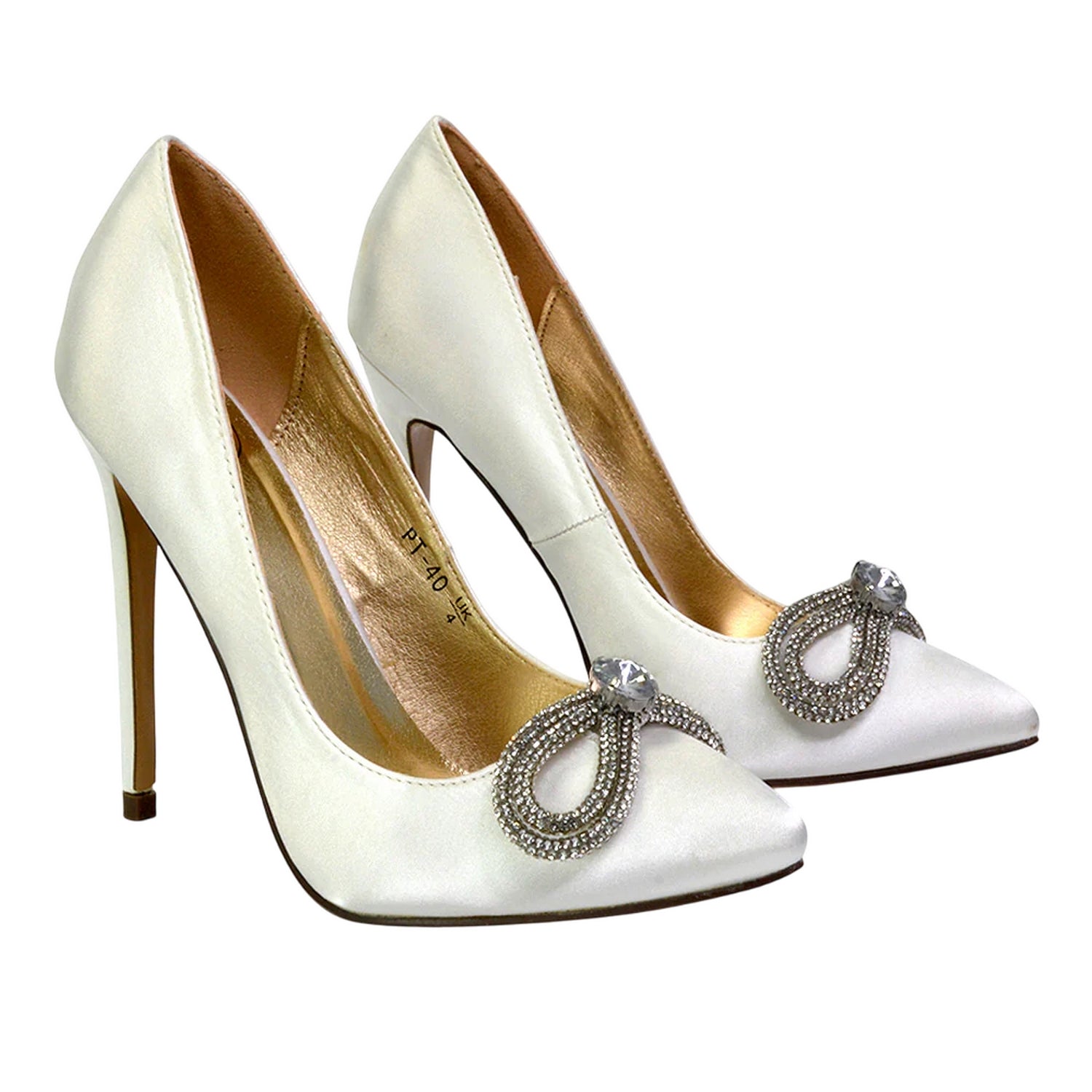 Ivory - Front - XY London Womens-Ladies Lane Diamante Satin Pointed Bow Stiletto Heel Court Shoes