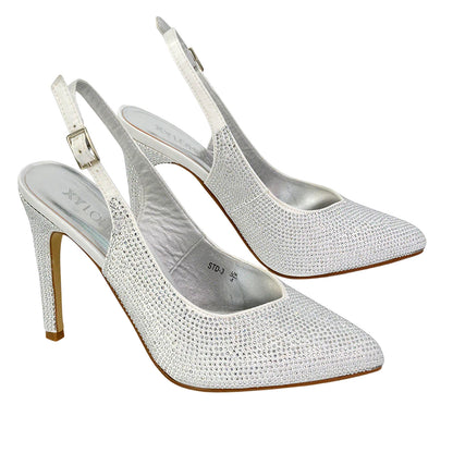 White - Front - XY London Womens-Ladies Divine Diamante Pointed High Heels