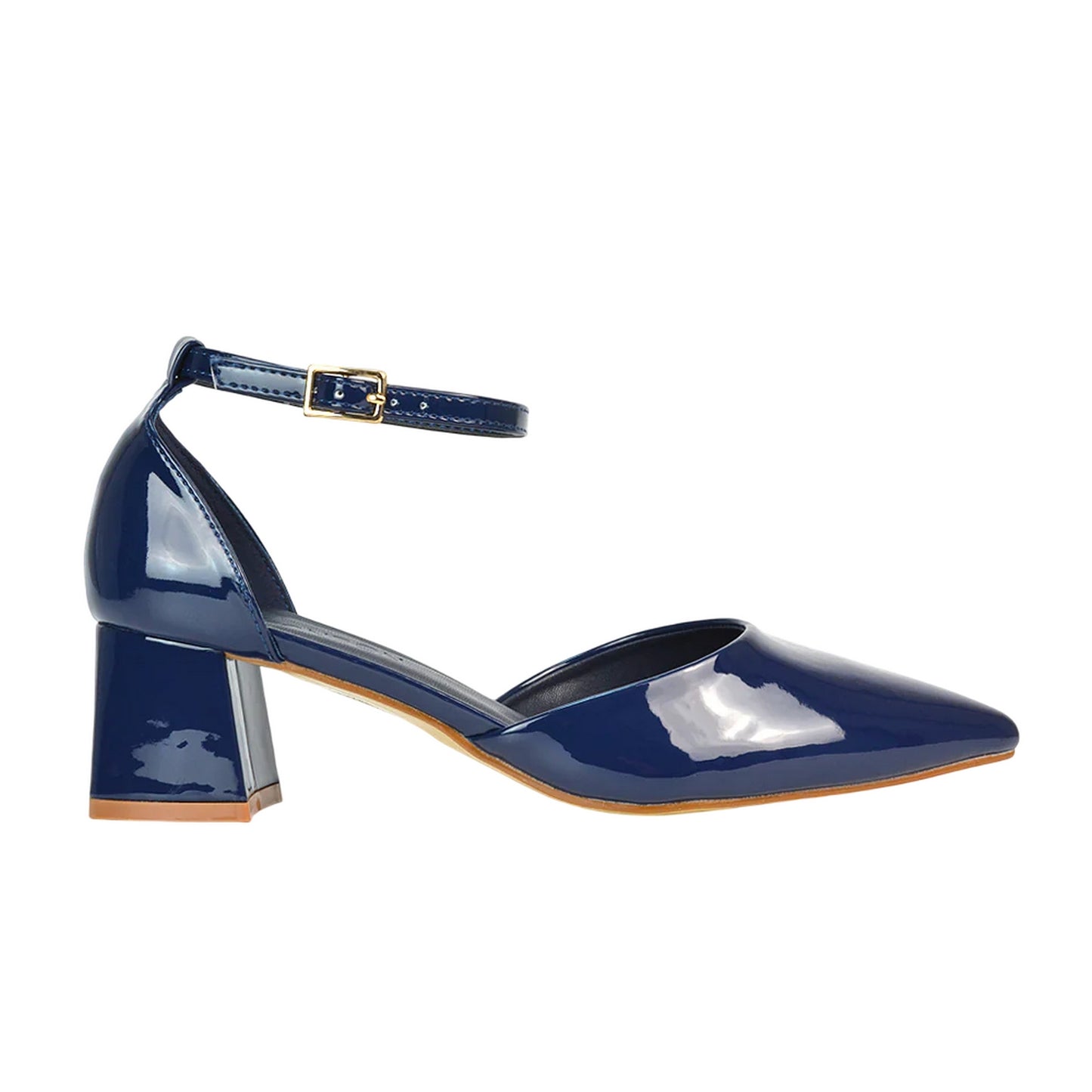 Navy - Side - XY London Womens-Ladies Evie Ankle Strap Low Block Heel Court Shoes