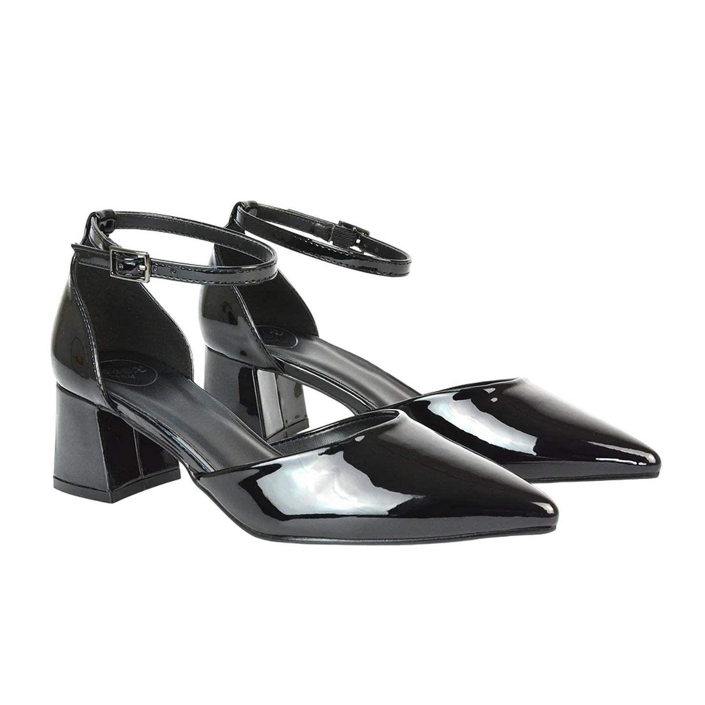 True Black - Pack Shot - XY London Womens-Ladies Evie Ankle Strap Low Block Heel Court Shoes