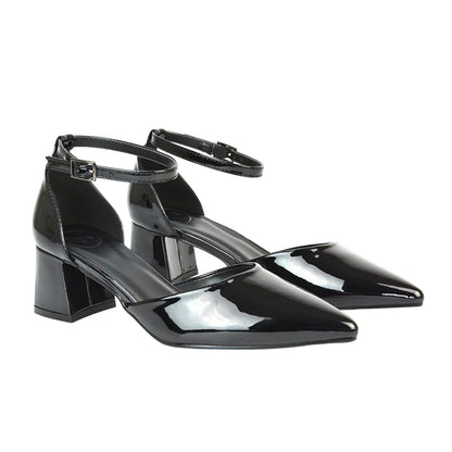 True Black - Pack Shot - XY London Womens-Ladies Evie Ankle Strap Low Block Heel Court Shoes