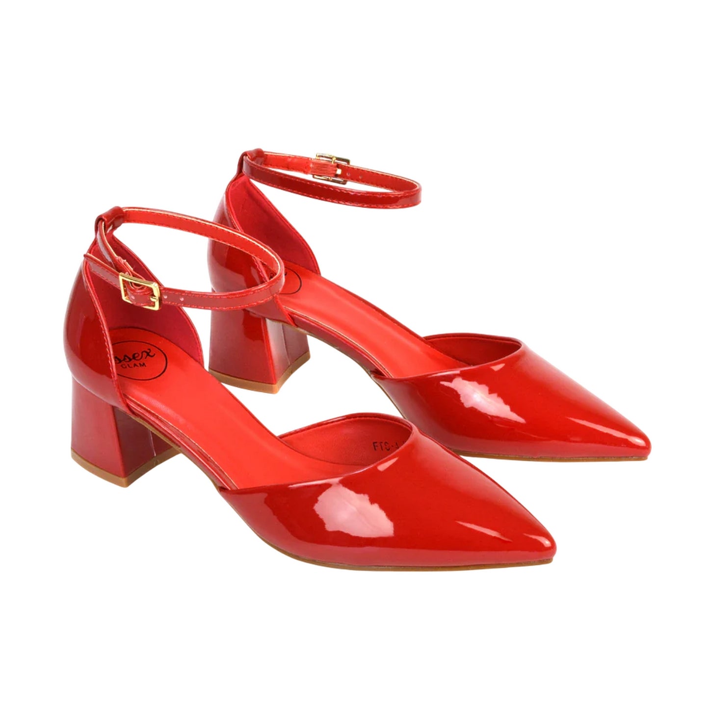 Red - Front - XY London Womens-Ladies Evie Ankle Strap Low Block Heel Court Shoes