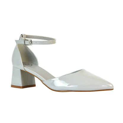 Grey - Side - XY London Womens-Ladies Evie Ankle Strap Low Block Heel Court Shoes