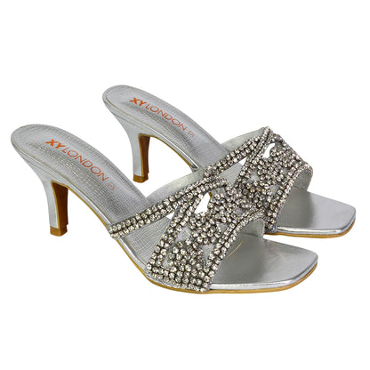 Silver - Front - XY London Womens-Ladies Dominica Diamante Mule Sandals