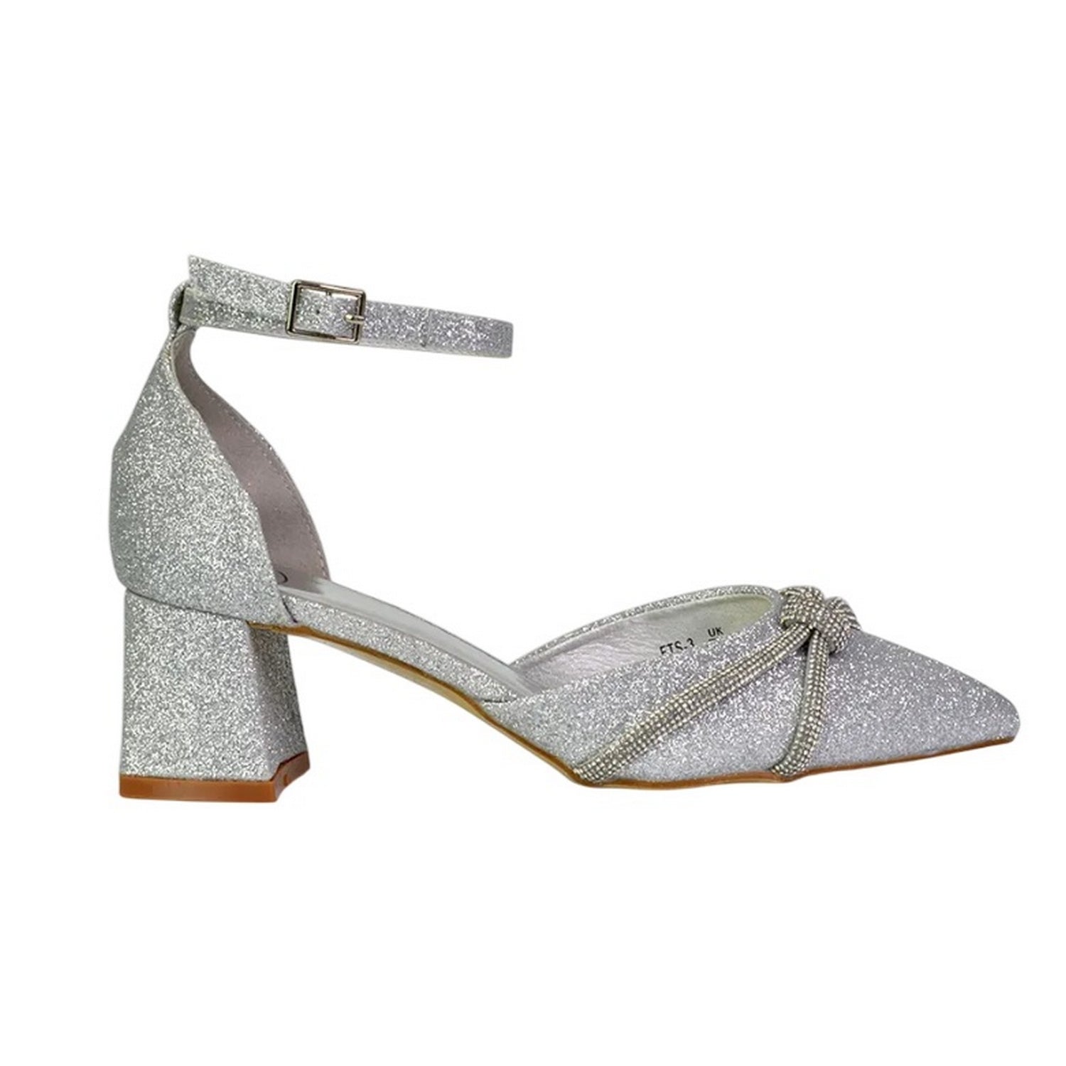 Silver - Side - XY London Womens-Ladies Sarah Diamante Glitter Ankle Strap Medium Block Heel Sandals