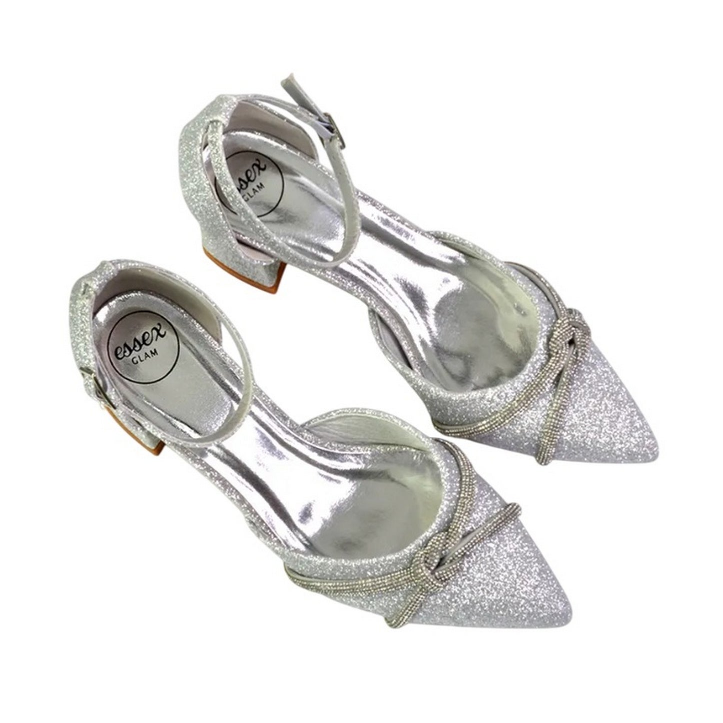 Silver - Pack Shot - XY London Womens-Ladies Sarah Diamante Glitter Ankle Strap Medium Block Heel Sandals
