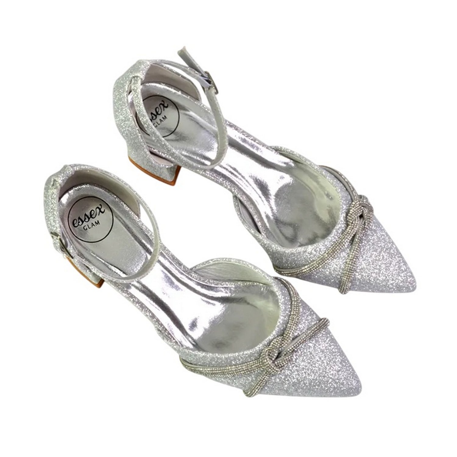 Silver - Pack Shot - XY London Womens-Ladies Sarah Diamante Glitter Ankle Strap Medium Block Heel Sandals