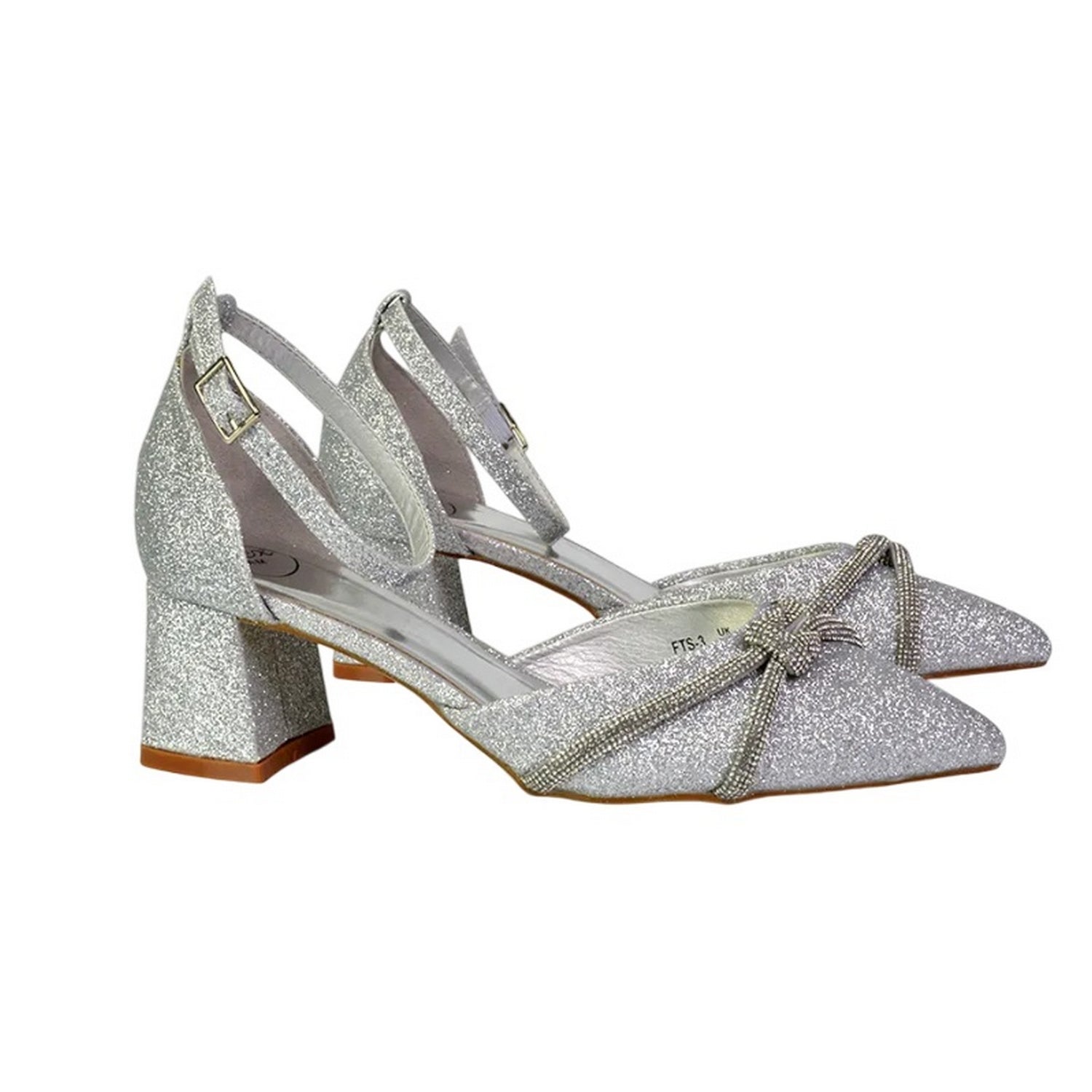 Silver - Lifestyle - XY London Womens-Ladies Sarah Diamante Glitter Ankle Strap Medium Block Heel Sandals
