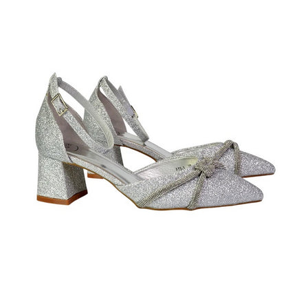 Silver - Lifestyle - XY London Womens-Ladies Sarah Diamante Glitter Ankle Strap Medium Block Heel Sandals
