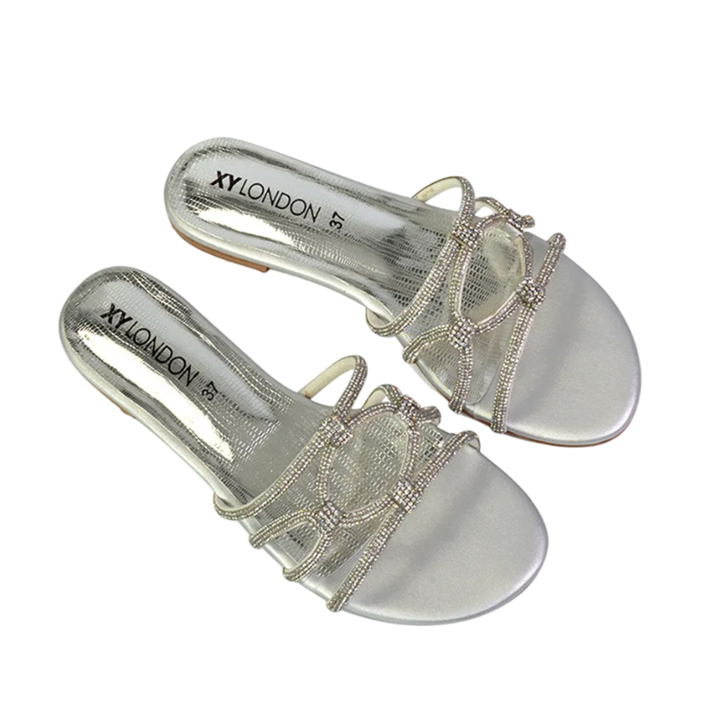 Silver - Pack Shot - XY London Womens-Ladies Tiger Diamante Sparkly Flat Sandals