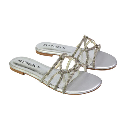Silver - Front - XY London Womens-Ladies Tiger Diamante Sparkly Flat Sandals