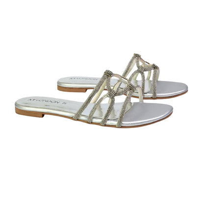 Silver - Lifestyle - XY London Womens-Ladies Tiger Diamante Sparkly Flat Sandals