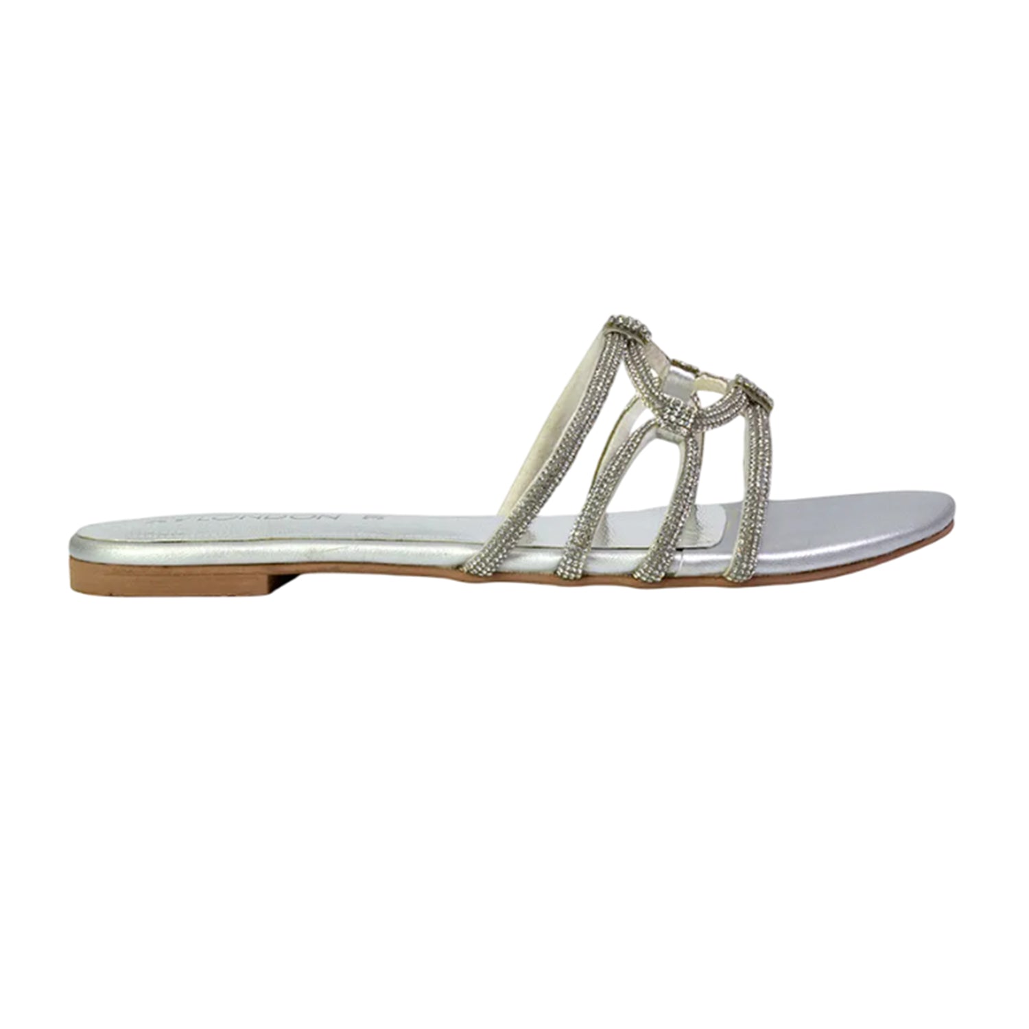 Silver - Side - XY London Womens-Ladies Tiger Diamante Sparkly Flat Sandals