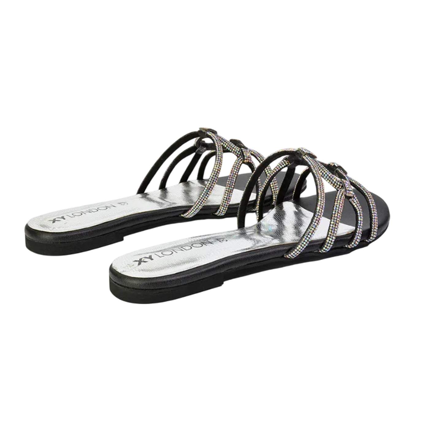 Black - Back - XY London Womens-Ladies Tiger Diamante Sparkly Flat Sandals