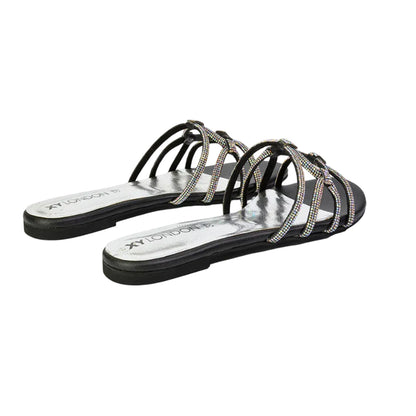 Black - Back - XY London Womens-Ladies Tiger Diamante Sparkly Flat Sandals