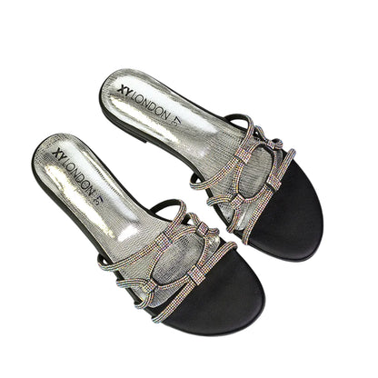 Black - Pack Shot - XY London Womens-Ladies Tiger Diamante Sparkly Flat Sandals