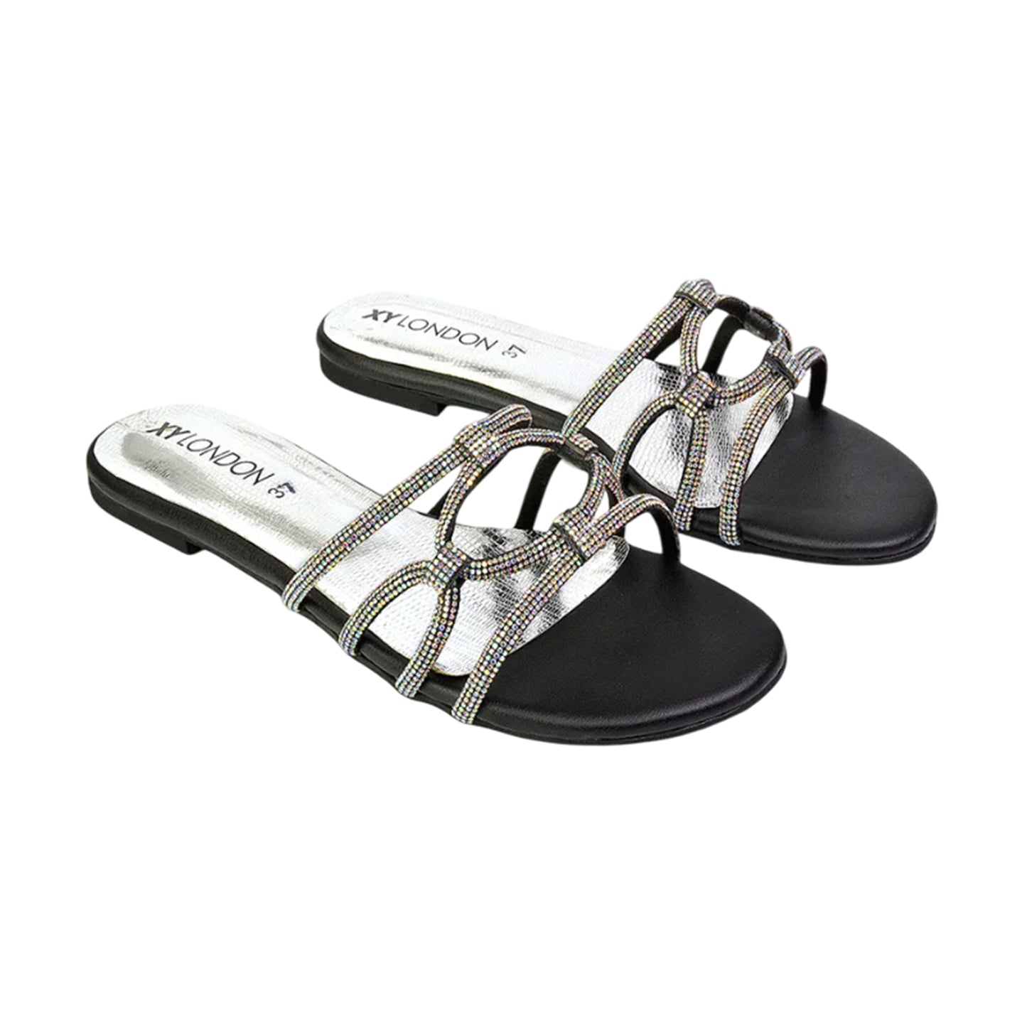 Black - Front - XY London Womens-Ladies Tiger Diamante Sparkly Flat Sandals