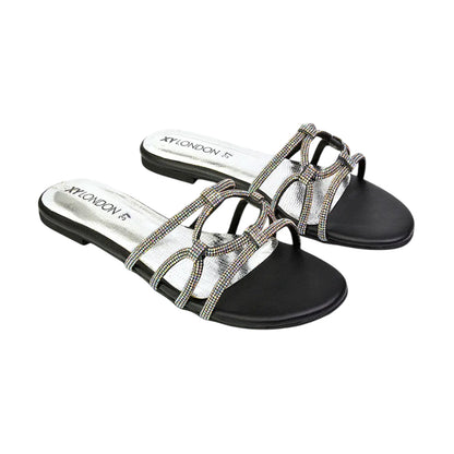 Black - Front - XY London Womens-Ladies Tiger Diamante Sparkly Flat Sandals