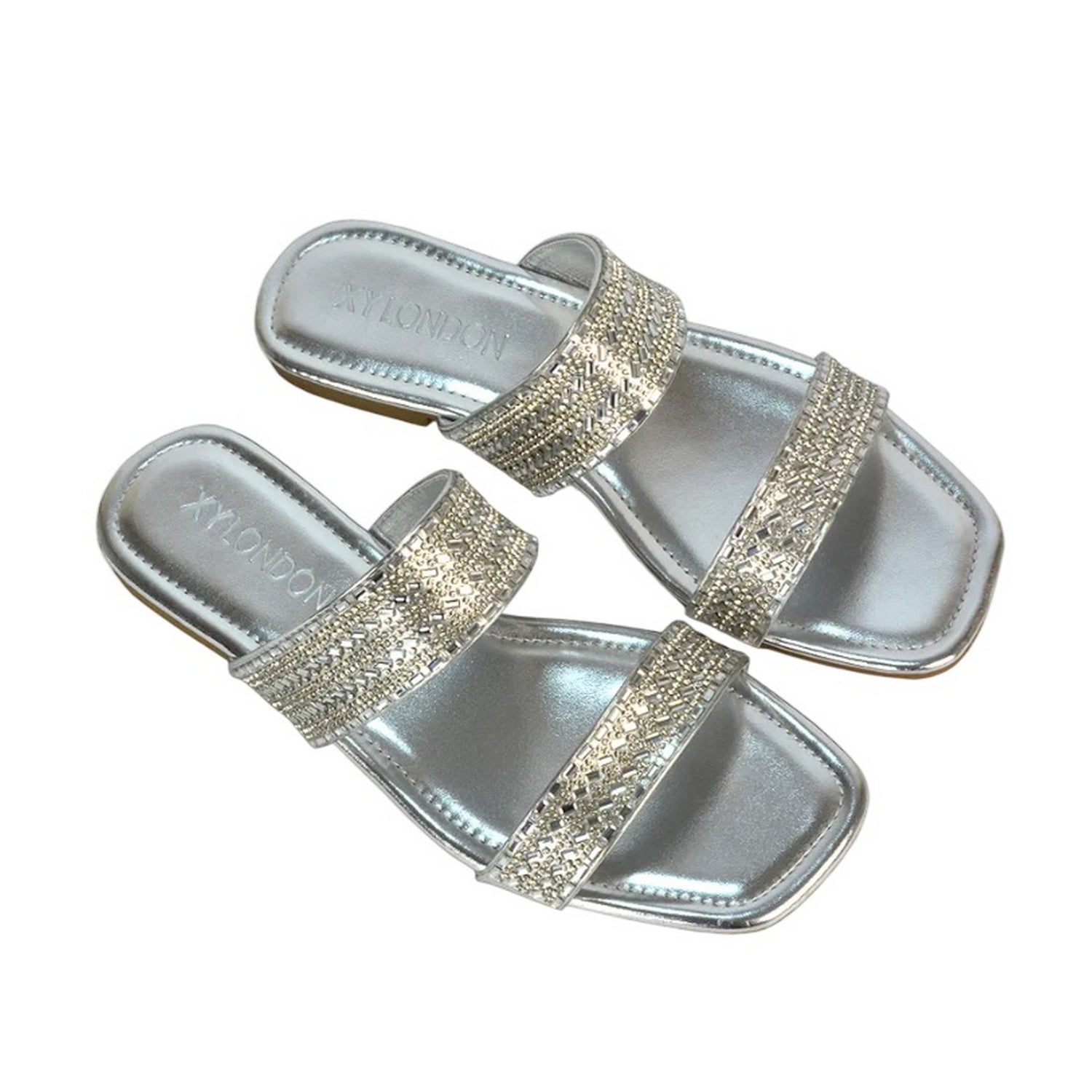 Metallic Silver - Pack Shot - XY London Womens-Ladies Lucy Cork Metallic Slip-on Sliders