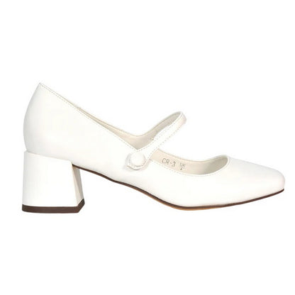 White - Side - XY London Womens-Ladies Leneka Front Strap Low Block Heel Court Shoes