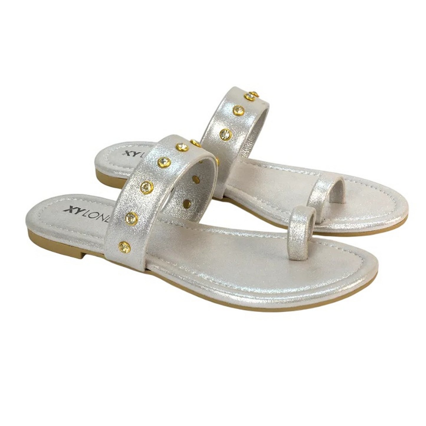 Silver - Side - XY London Womens-Ladies Isobel Diamante Leather Sandals