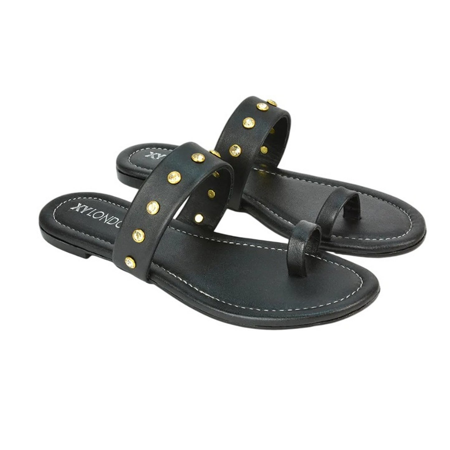 Black - Side - XY London Womens-Ladies Isobel Diamante Leather Sandals