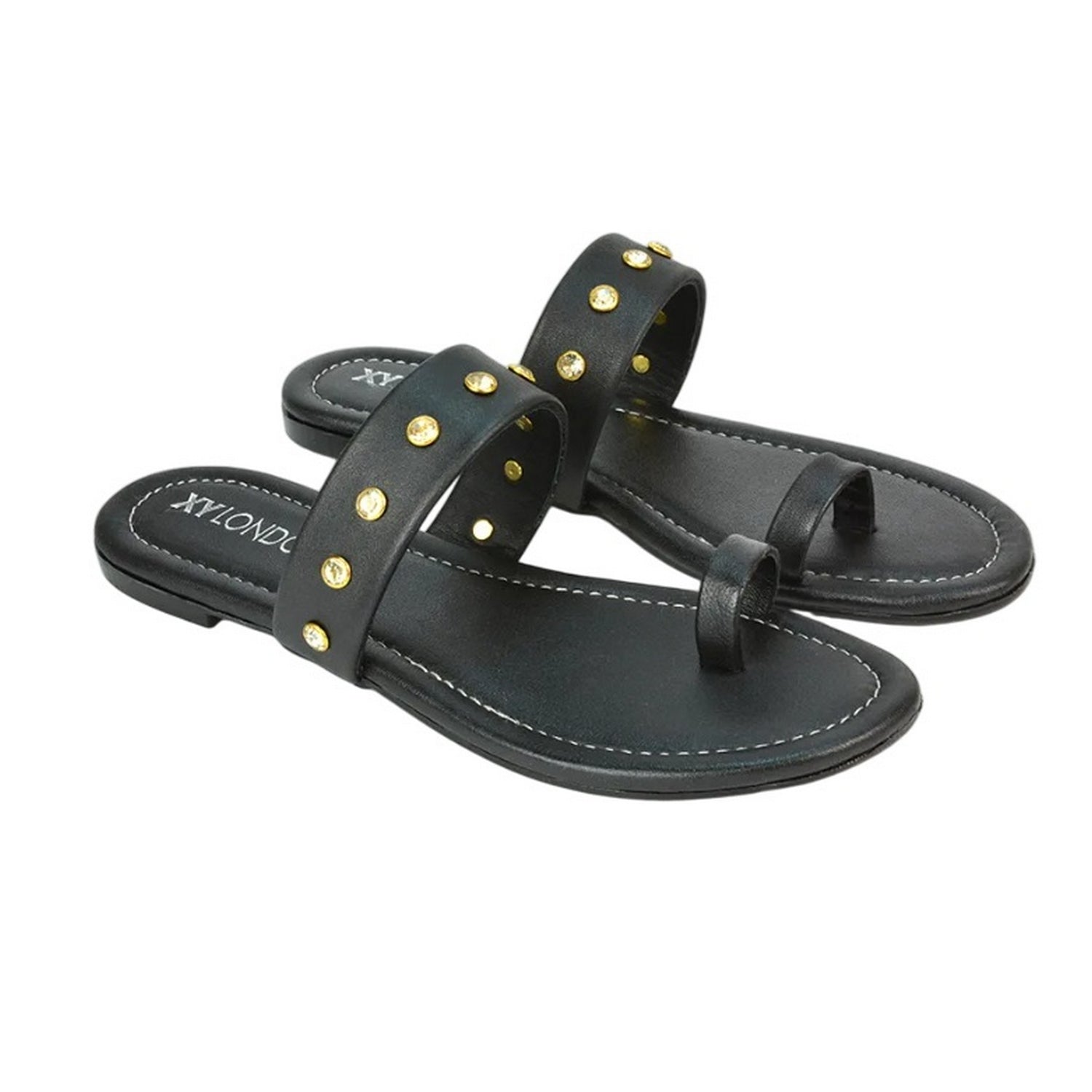 Black - Side - XY London Womens-Ladies Isobel Diamante Leather Sandals