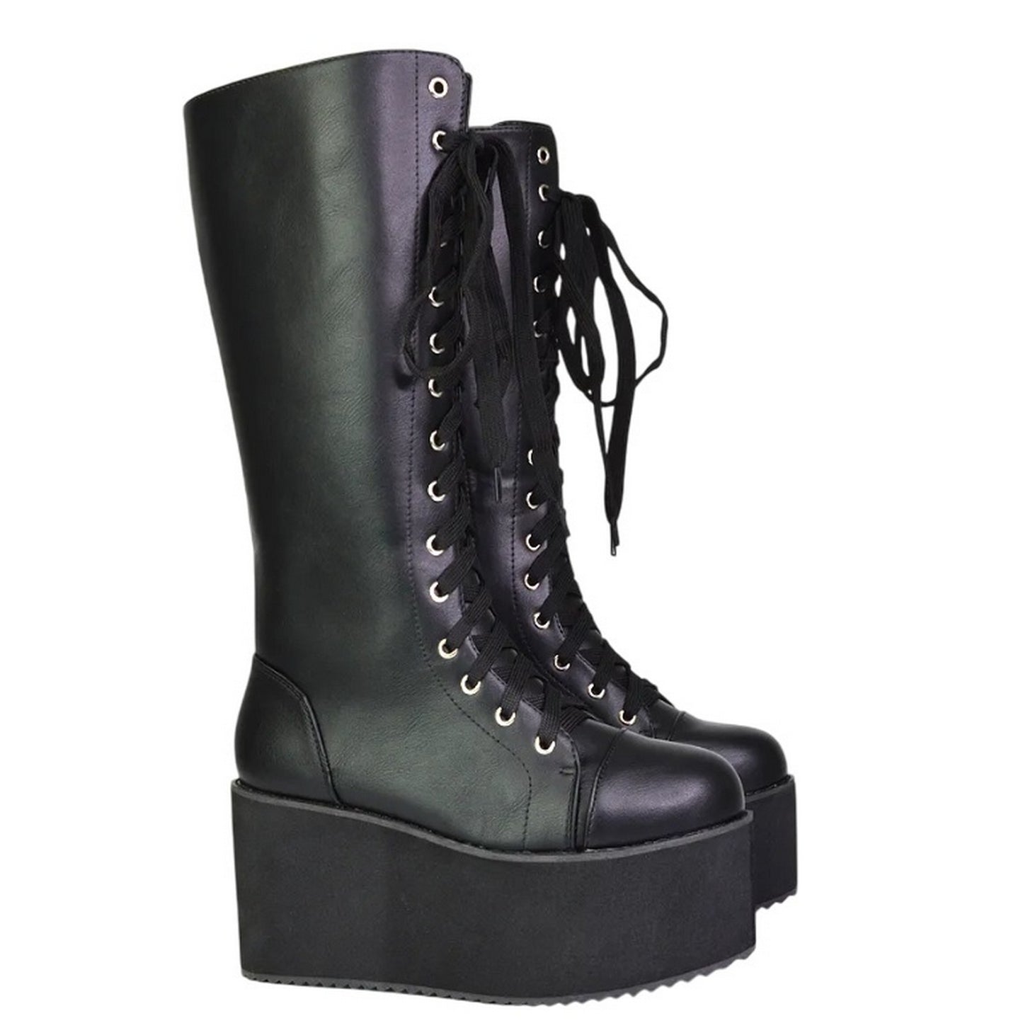 Black - Front - XY London Womens-Ladies Liz Calf-Length Lace Up High Flatform Biker Boots
