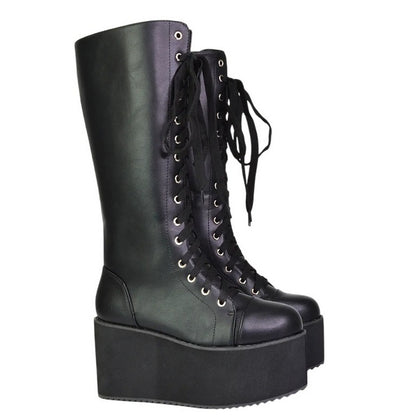 Black - Front - XY London Womens-Ladies Liz Calf-Length Lace Up High Flatform Biker Boots