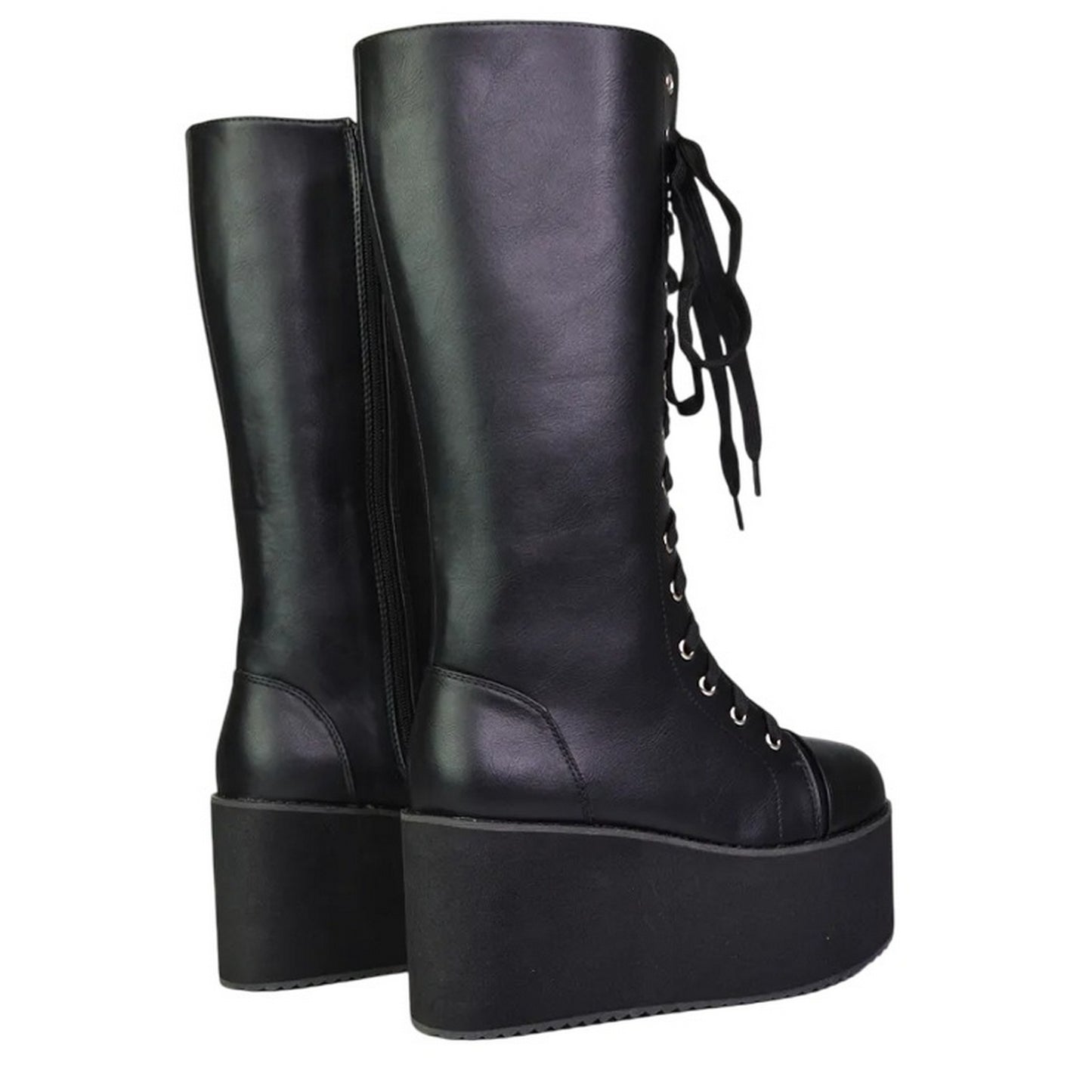 Black - Back - XY London Womens-Ladies Liz Calf-Length Lace Up High Flatform Biker Boots