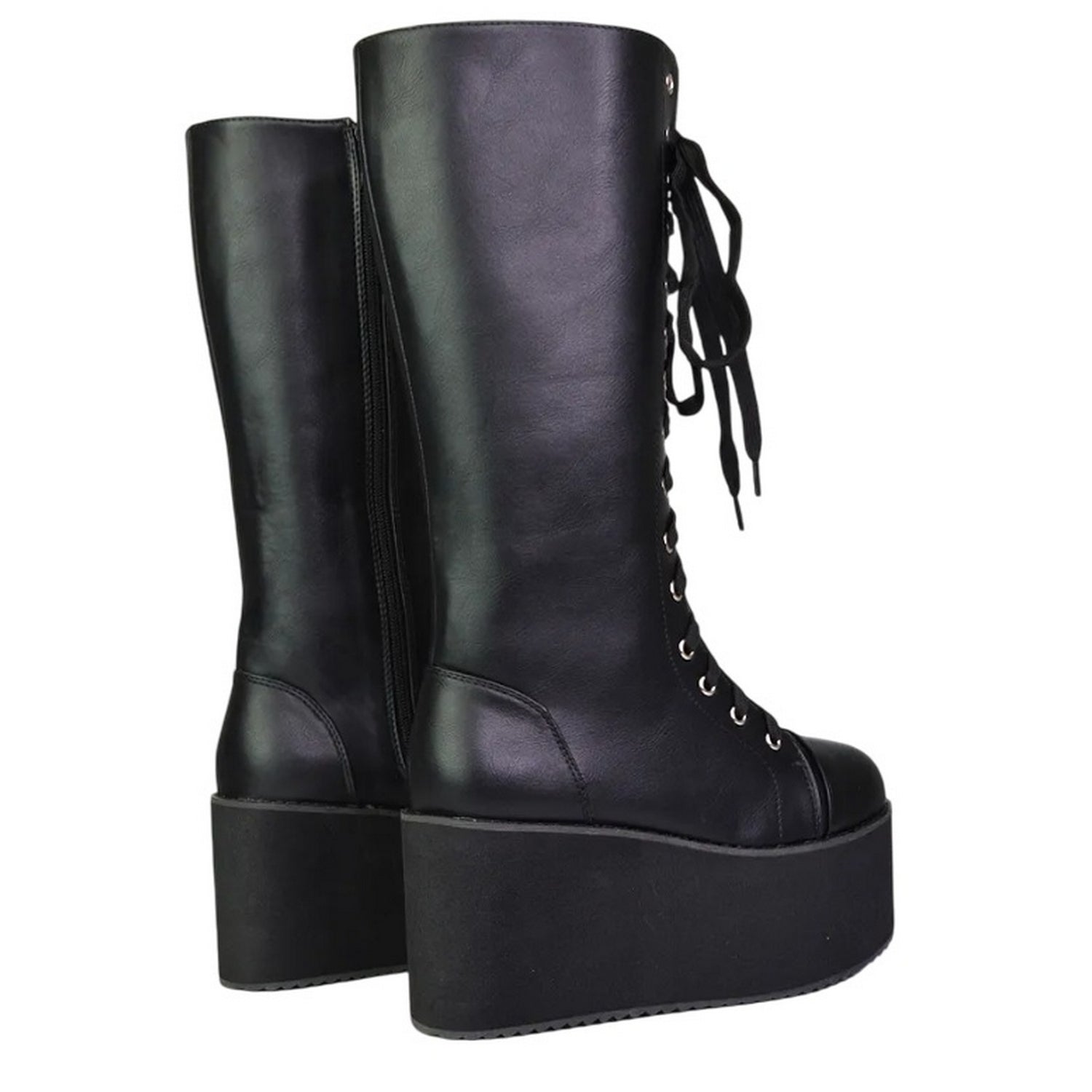 Black - Back - XY London Womens-Ladies Liz Calf-Length Lace Up High Flatform Biker Boots