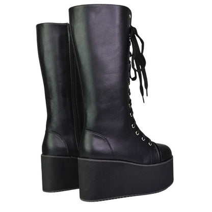 Black - Back - XY London Womens-Ladies Liz Calf-Length Lace Up High Flatform Biker Boots