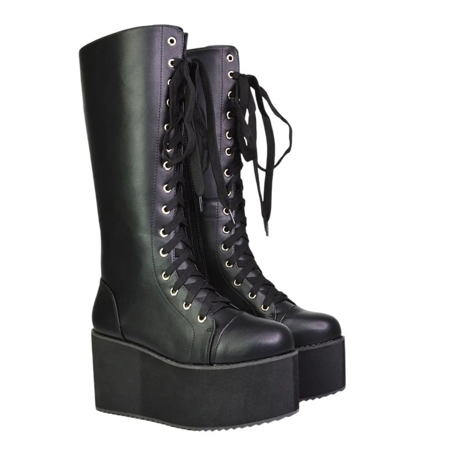 Black - Lifestyle - XY London Womens-Ladies Liz Calf-Length Lace Up High Flatform Biker Boots