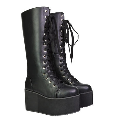 Black - Lifestyle - XY London Womens-Ladies Liz Calf-Length Lace Up High Flatform Biker Boots
