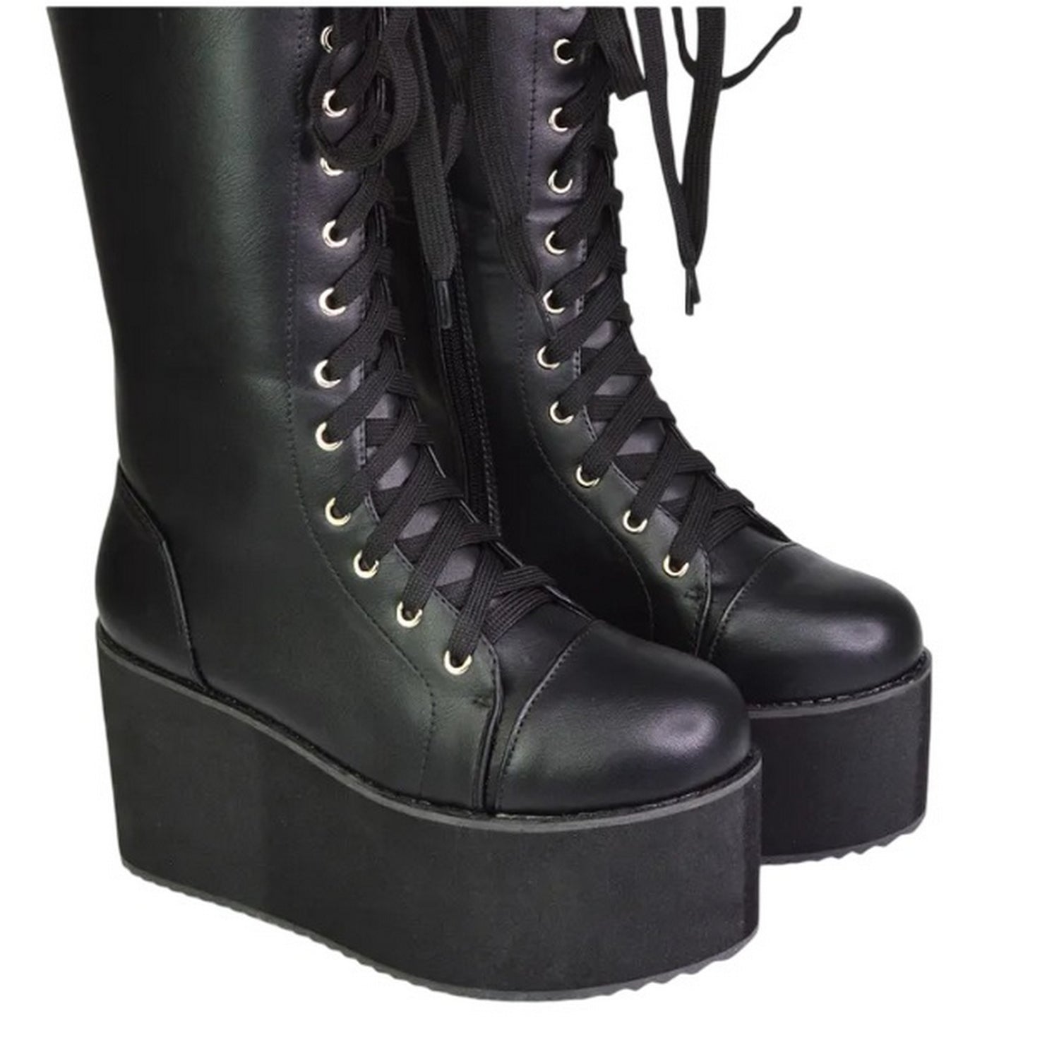 Black - Pack Shot - XY London Womens-Ladies Liz Calf-Length Lace Up High Flatform Biker Boots